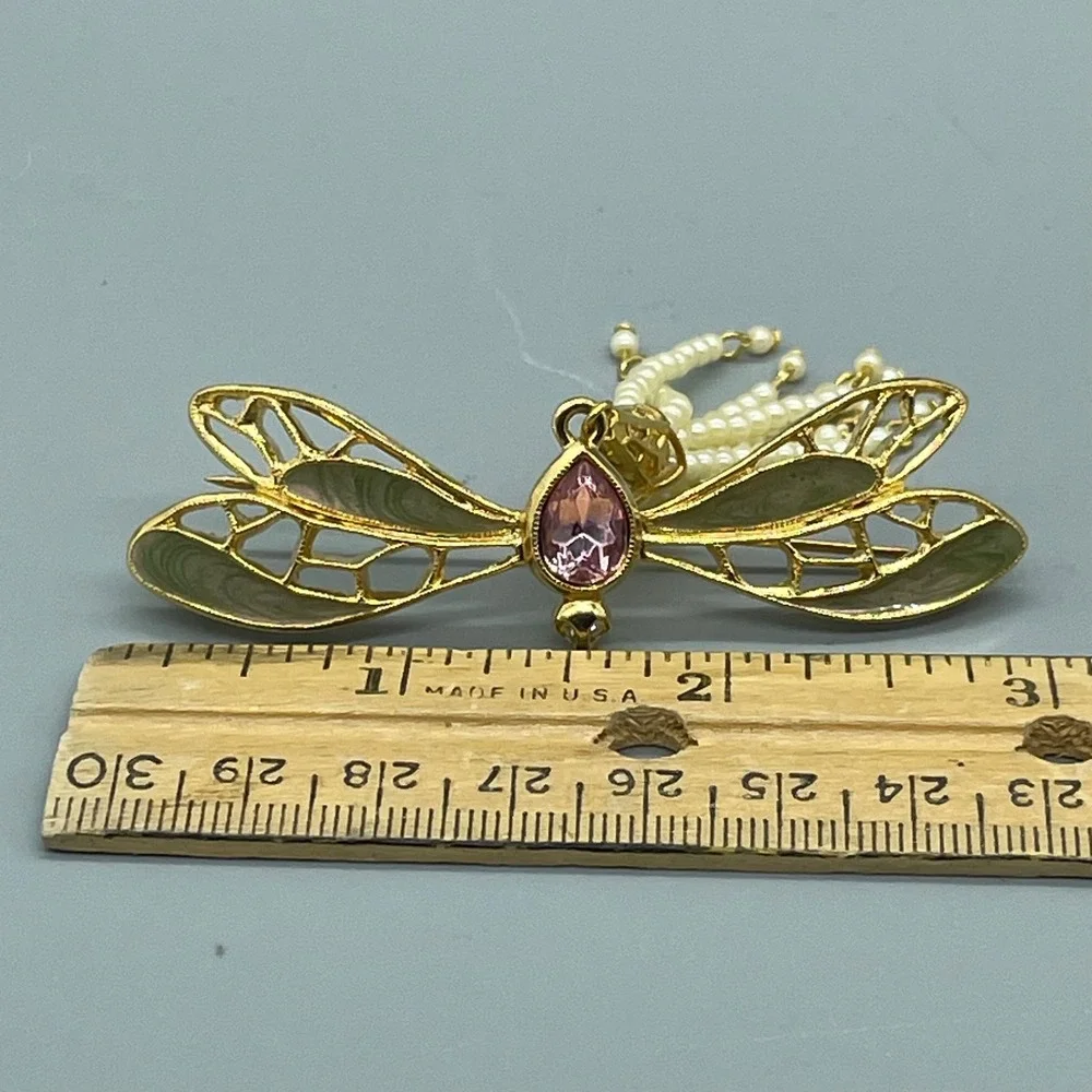 Vintage Avon Gold Tone Dragonfly Brooch Pink Crystal‎ Pearl Tassel Enamel Pin